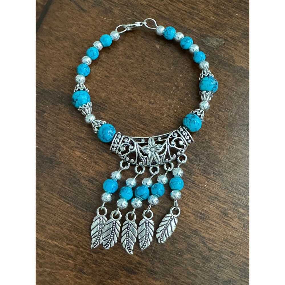 Vintage Silver Tone Metal and Faux Turquoise Western Style Bracelet Feather